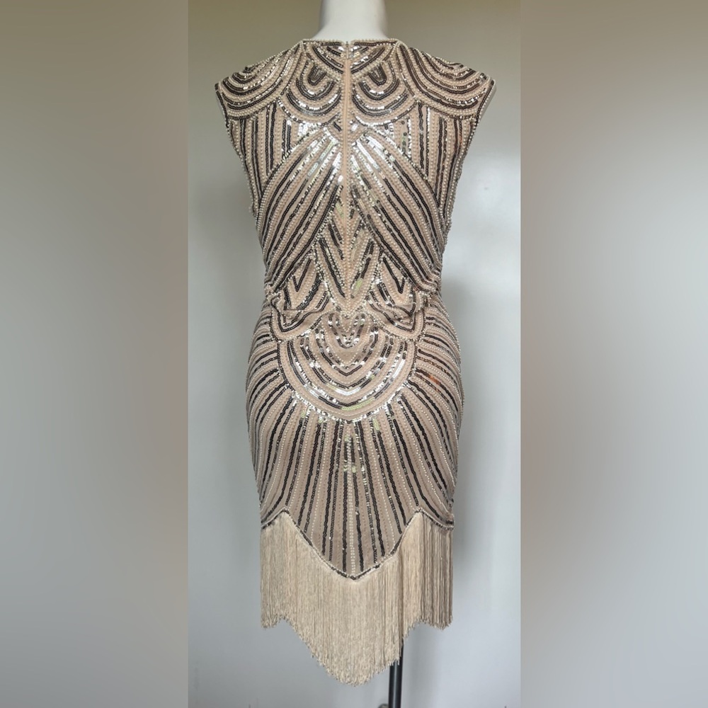 Dazzling Beige And Silver Fringed Beaded Flapper Dress 100% Polyester Size M - Picture 5 of 13